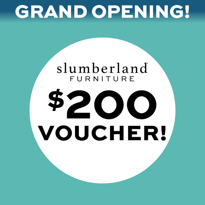 Slumberland Furniture grand opening offer with a $200 voucher on a teal background
