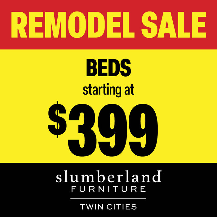 Slumberland Furniture remodel sale advertisement with text on a red, yellow, and black background.
