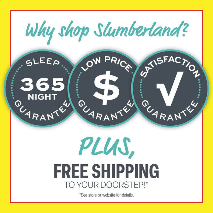 Promotional graphic for Slumberland with guarantees and free shipping offer on a yellow background