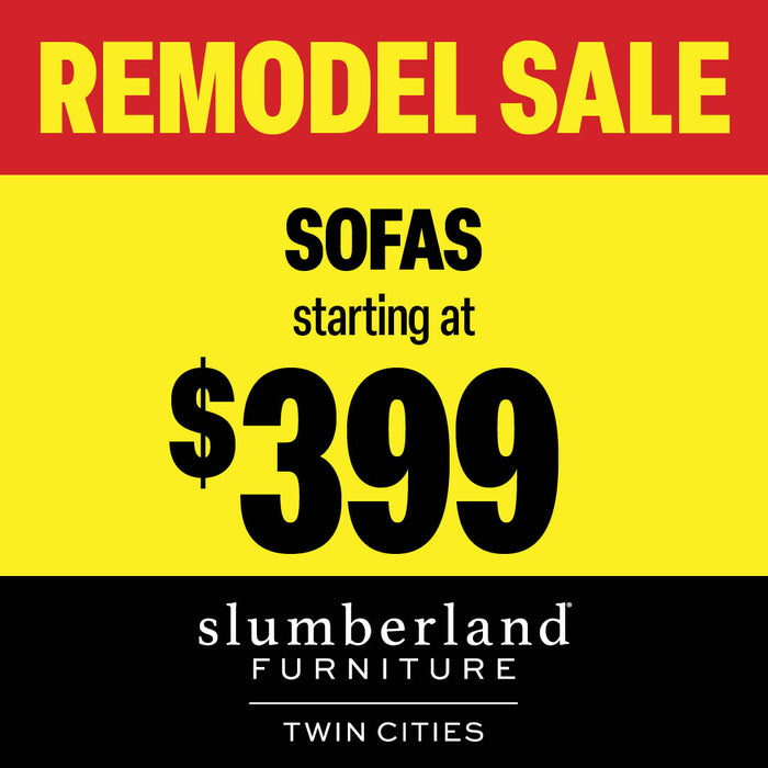 Slumberland Furniture remodel sale advertisement with yellow and red background