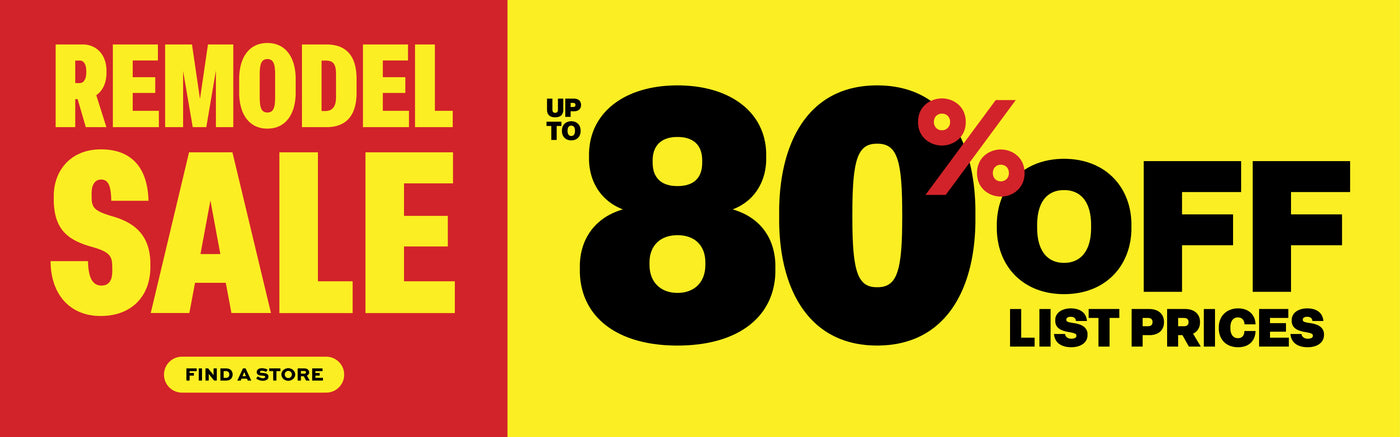 Advertisement for a remodel sale with up to 80% off list prices on a yellow and red background.