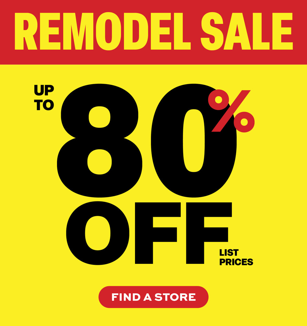 Remodel sale advertisement with 80% off text on a yellow background