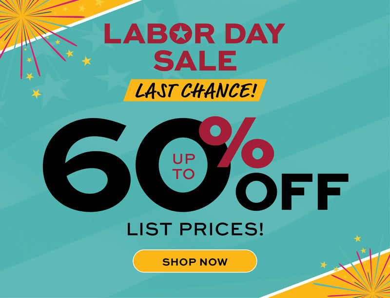 Labor Day Sale promotional graphic with large text reading 'LABOR DAY SALE', 'LAST CHANCE!', '60% OFF', 'LIST PRICES!', and 'SHOP NOW' on a teal background with yellow and orange decorative fireworks and stars.