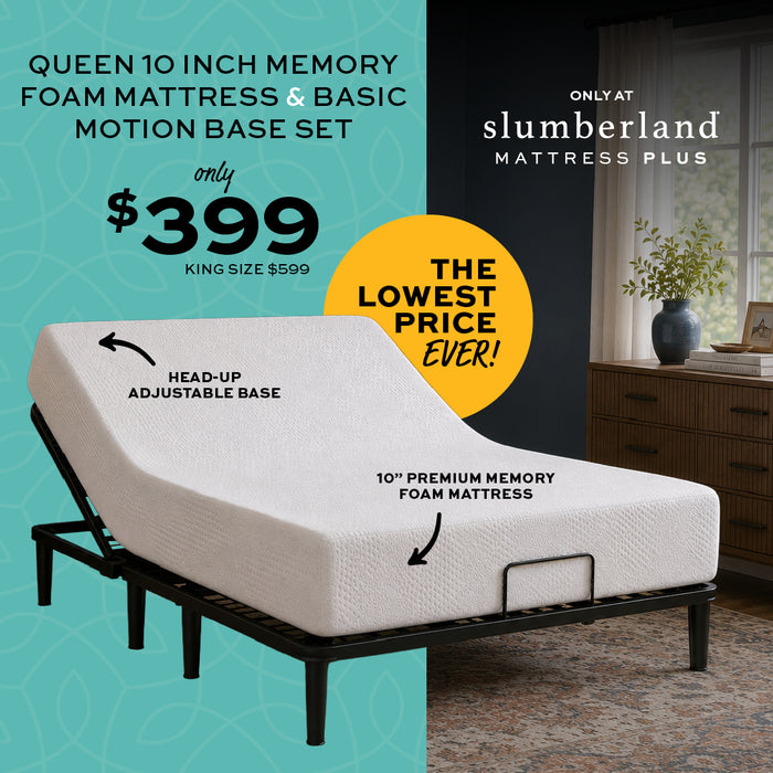 Queen 10 inch memory foam mattress and basic motion base set shown in a bedroom setting, with promotional text, a yellow price badge, and the Slumberland brand logo.