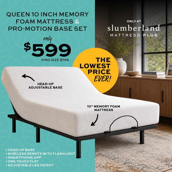 Queen 10 inch memory foam mattress and pro-motion adjustable base set shown in a styled bedroom setting. The bed frame is black with a white mattress, and the image includes promotional text, pricing, and a yellow circle highlighting 'The Lowest Price Ever!' Brand text for 'slumberland mattress plus' is visible in the top right.
