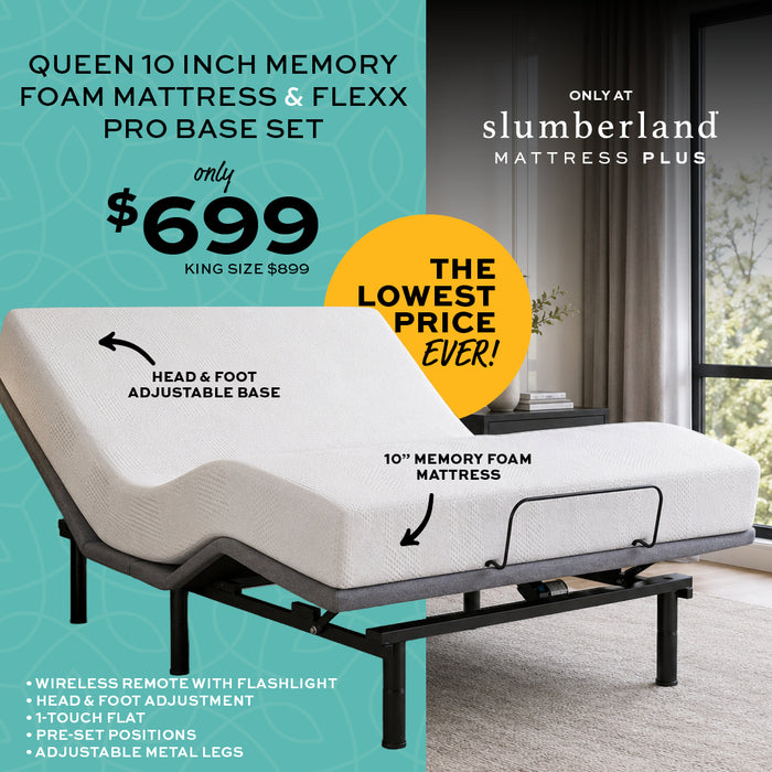 An adjustable queen-size memory foam mattress on a metal base in a staged bedroom setting, with large promotional text overlays, a yellow price badge, and the Slumberland brand name shown in the upper right.