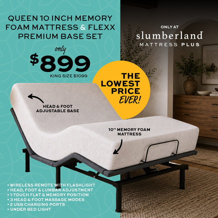 Queen 10-inch memory foam mattress and Flexx premium base set shown in a bedroom setting, with text overlays highlighting features and pricing. The mattress is white with a black adjustable metal frame, and the background is split between a teal graphic on the left and a warm-toned room scene on the right.