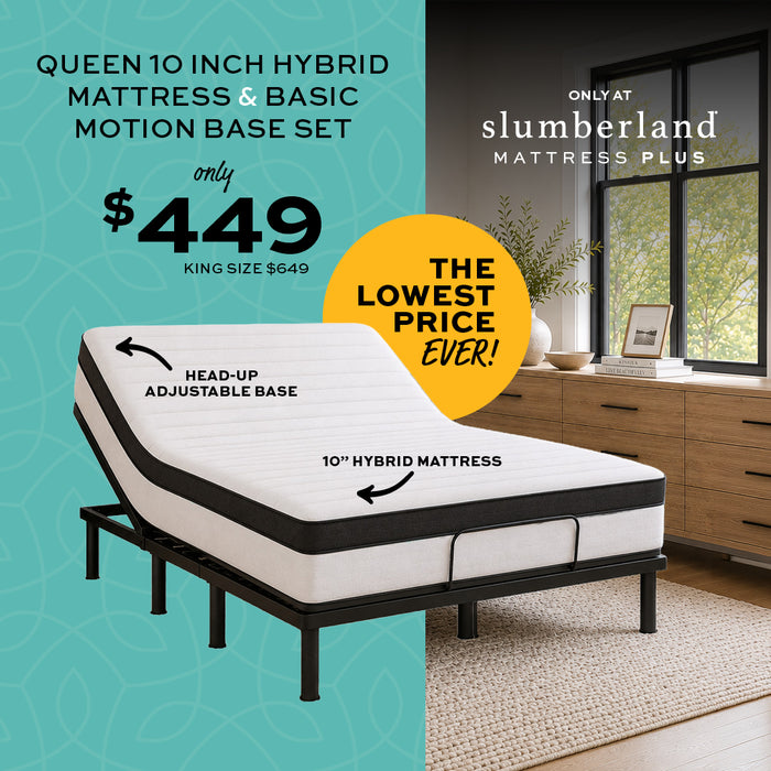 Queen 10 inch hybrid mattress and basic motion base set shown in a styled bedroom scene. The mattress is white with black trim and sits on a black adjustable base.