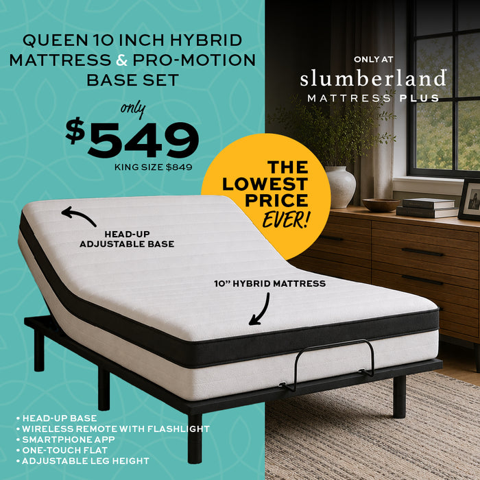 Queen 10 inch hybrid mattress and pro-motion base set shown in a bedroom setting. The adjustable black metal bed frame supports a white and gray mattress with black trim.