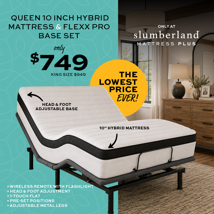Queen 10 inch hybrid mattress and Flexx Pro base set shown on an adjustable metal bed frame in a bedroom setting. The ad includes text highlighting the price of $749 and features the Slumberland brand.