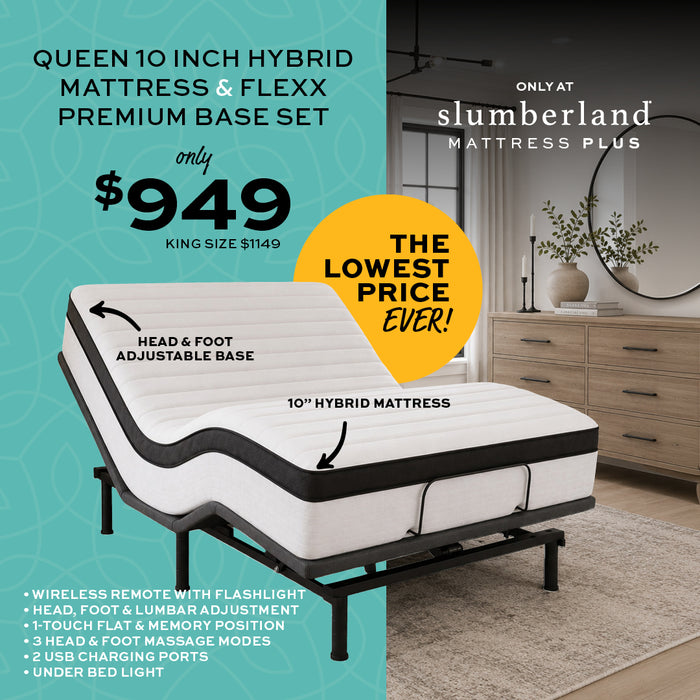 Queen 10 inch hybrid mattress and Flexx premium base set shown on an adjustable bed frame in a bedroom setting. The ad includes text highlighting features such as wireless remote with flashlight, head and foot & lumbar adjustment, 10" hybrid mattress, and wireless remote with flashlight.