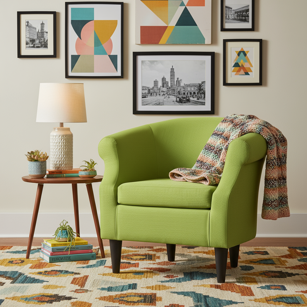 Green armchair with a colorful blanket in a living room setting with framed art on the wall.