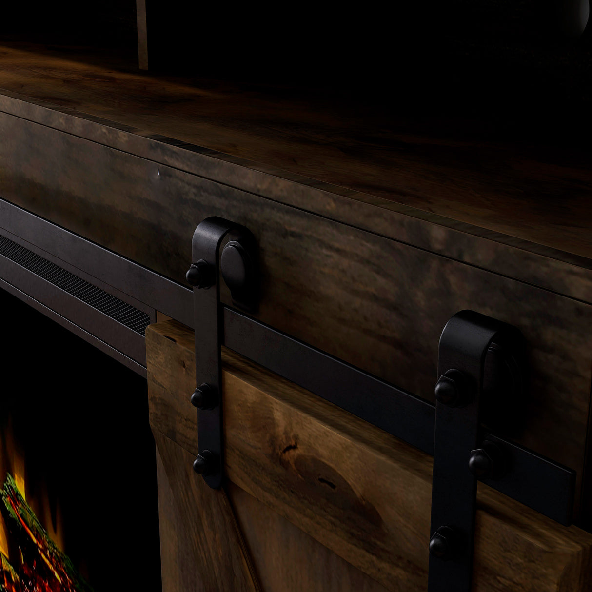 Detail view of Farmhouse Barnwood 66 Inch Fireplace Console