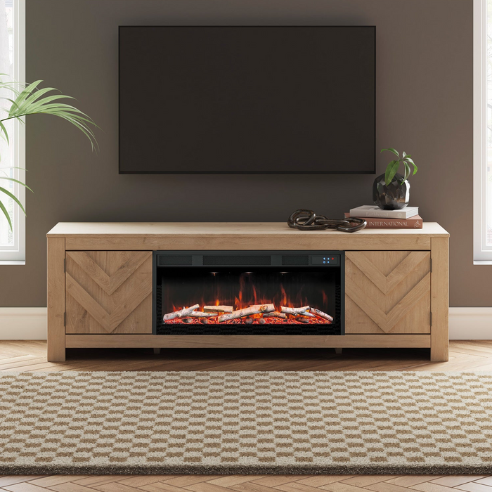 Wooden entertainment console with electric fireplace in a living room setting.