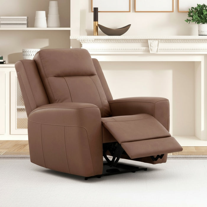 Brown recliner chair in a living room setting with shelves and decor.