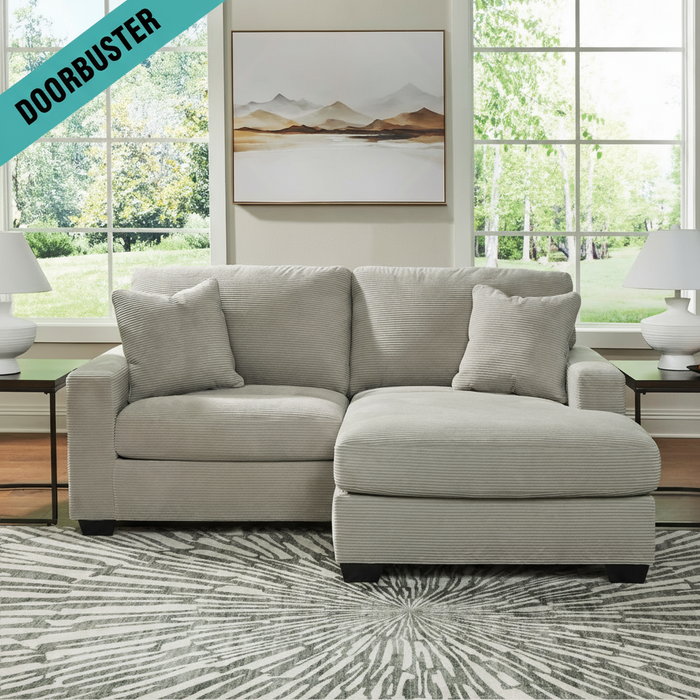 Gray sectional sofa in a living room with large windows and a 'Doorbuster' label.