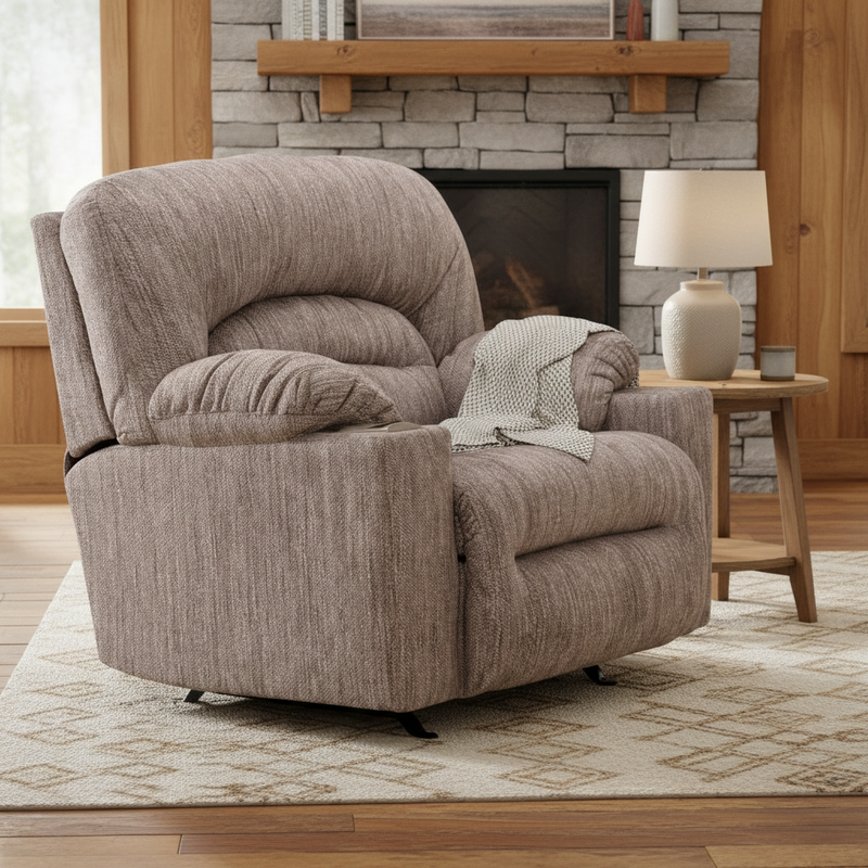 Brown recliner chair in a living room setting with a fireplace and lamp.