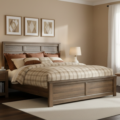 Bedroom with wooden bed, plaid bedding, and framed artwork on the wall.