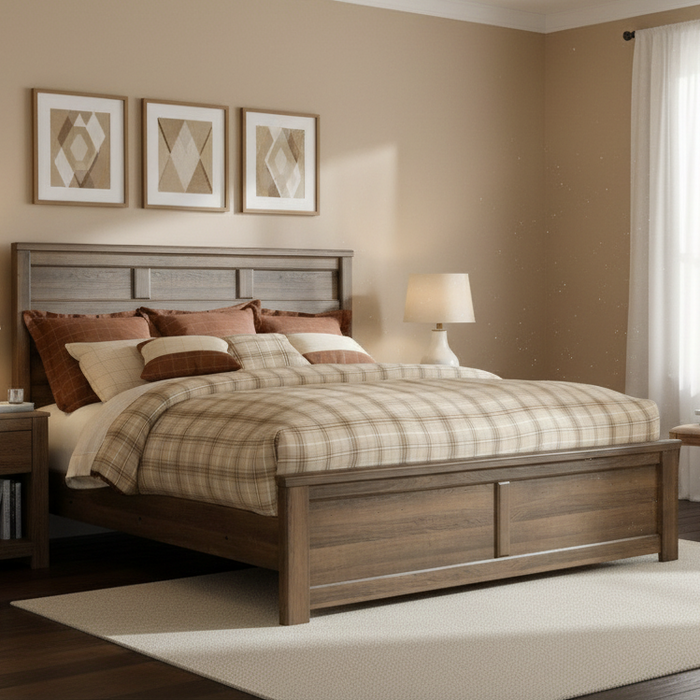 Bedroom with wooden bed, plaid bedding, and framed artwork on the wall.