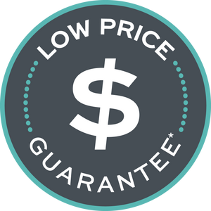 Circular logo with 'Low Price Guarantee' text and a dollar sign symbol on a dark gray background.