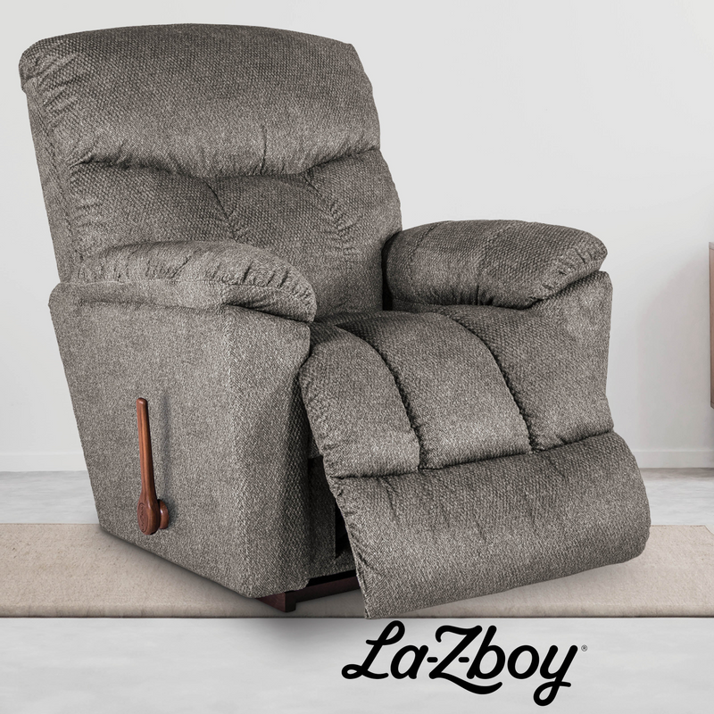 Gray recliner chair with La-Z-Boy logo on a white background