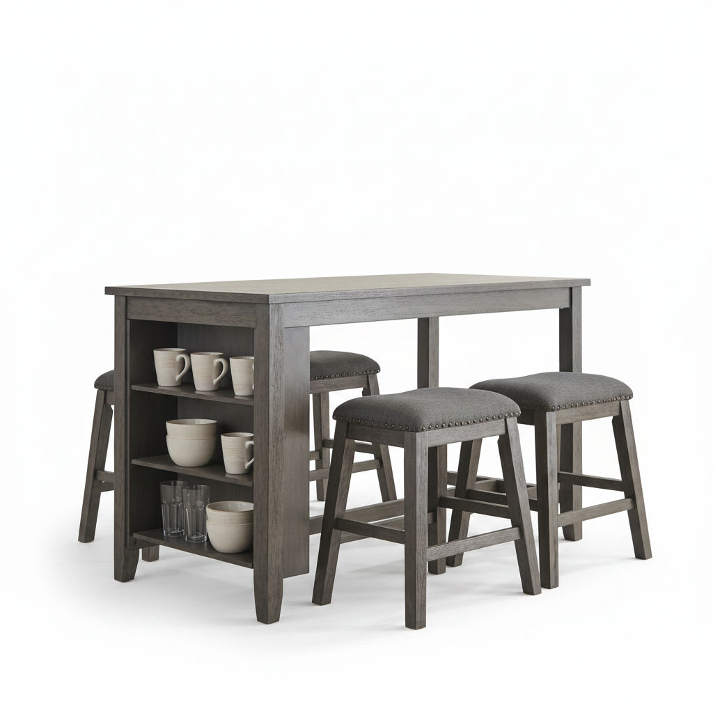 A gray wood pub-height table with three matching bar stools featuring gray upholstered seats and nailhead trim, shown on a clean white background.