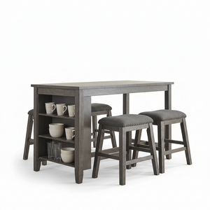 A gray wood pub-height table with three matching bar stools featuring gray upholstered seats and nailhead trim, shown on a clean white background.