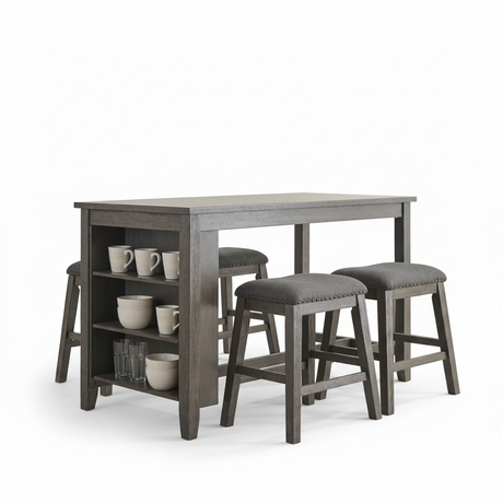 A gray wood pub-height table with three matching bar stools featuring gray upholstered seats and nailhead trim, shown on a clean white background.