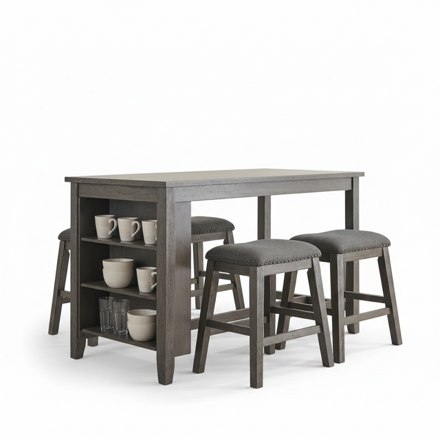 A gray wood pub-height table with three matching bar stools featuring gray upholstered seats and nailhead trim, shown on a clean white background.