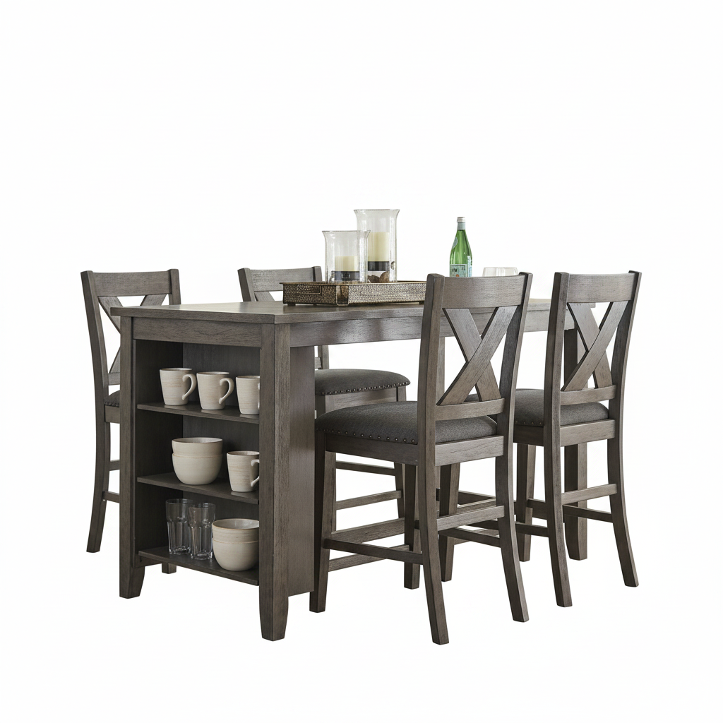 A 5-piece counter height dining table set with a gray wood-grain finish, featuring four matching high-back chairs with X-backs and a small storage shelf under the table. The set is styled with white ceramic mugs, glasses, candles, and a green glass bottle on a solid white background.