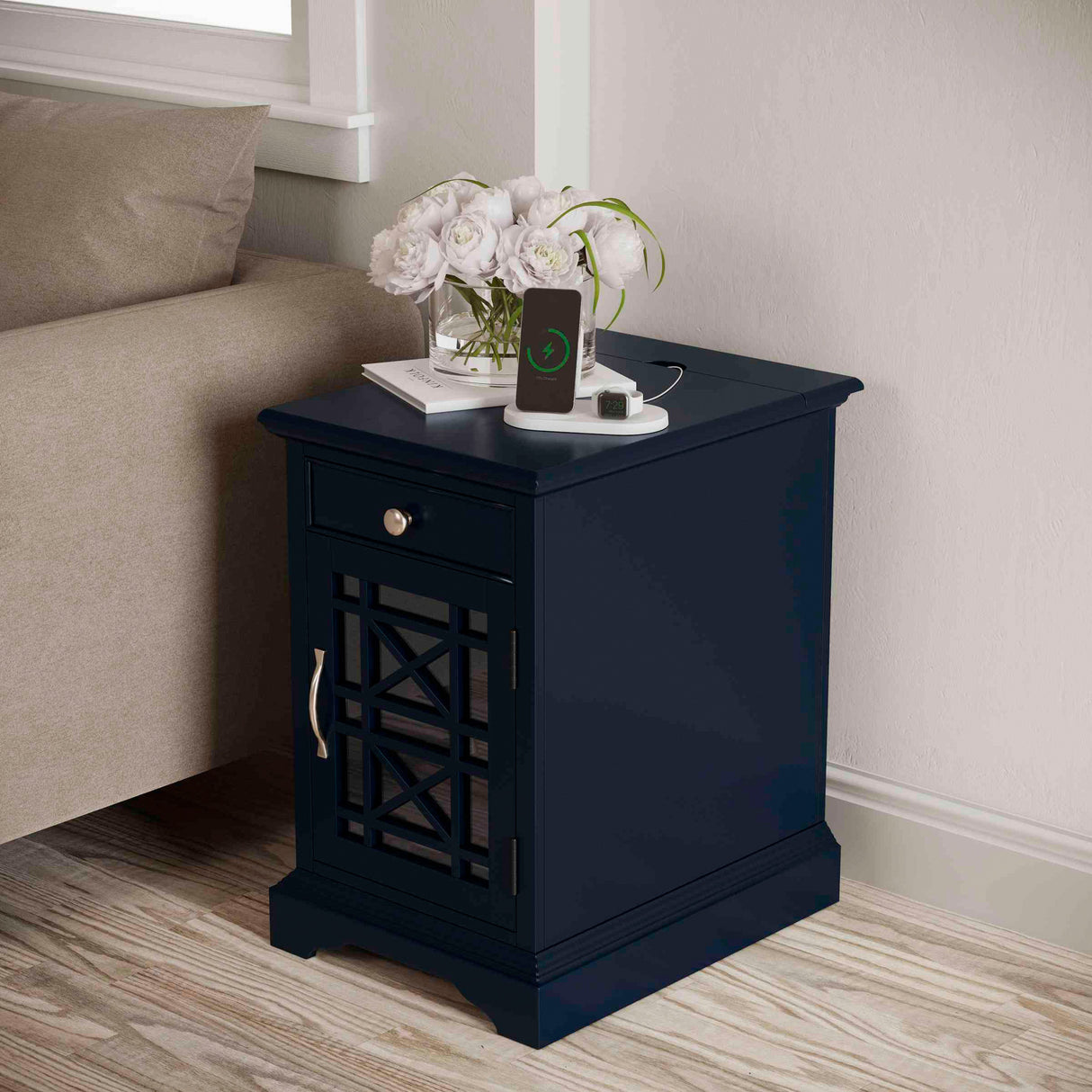A room setting featuring Chilton Navy Chairside Table