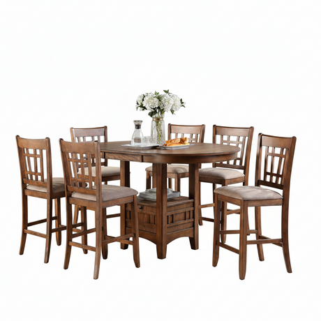 A 7-piece wooden dining set featuring a round extendable table and six matching bar-height stools with upholstered seats, shown on a plain white background.