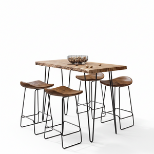 A modern bar-height dining set featuring a rectangular live-edge wood table with black metal hairpin legs, accompanied by four matching bar stools with dark wood seats and black metal legs, set against a plain white background.
