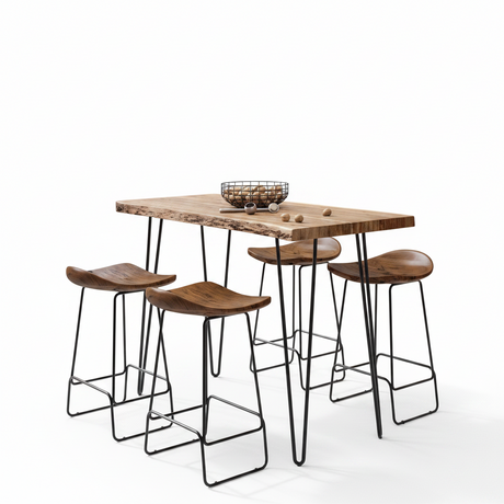 A modern bar-height dining set featuring a rectangular live-edge wood table with black metal hairpin legs, accompanied by four matching bar stools with dark wood seats and black metal legs, set against a plain white background.