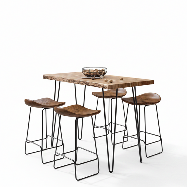 A modern bar-height dining set featuring a rectangular live-edge wood table with black metal hairpin legs, accompanied by four matching bar stools with dark wood seats and black metal legs, set against a plain white background.