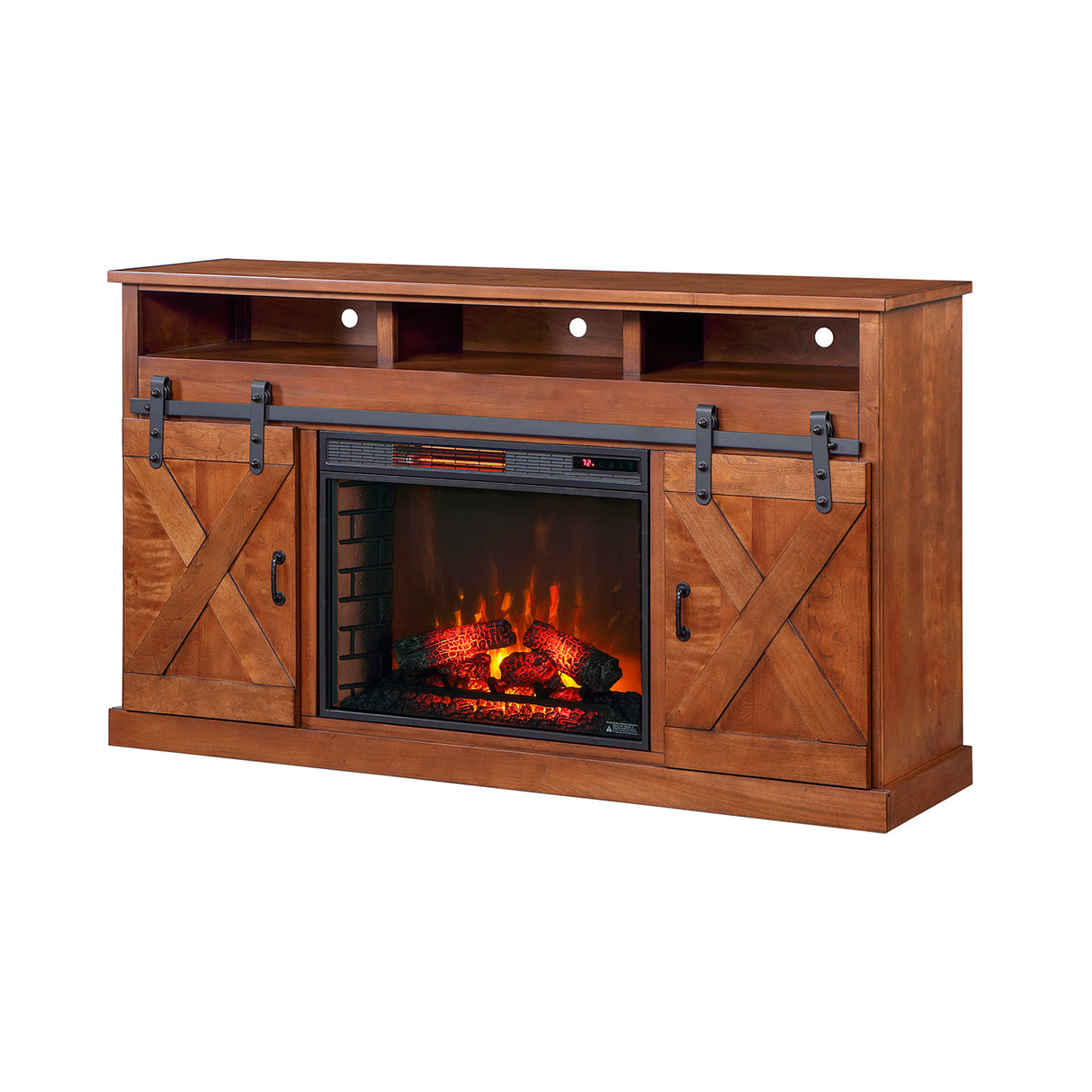 Front right view of Farmhouse Aged Whiskey 66 Inch Fireplace Console