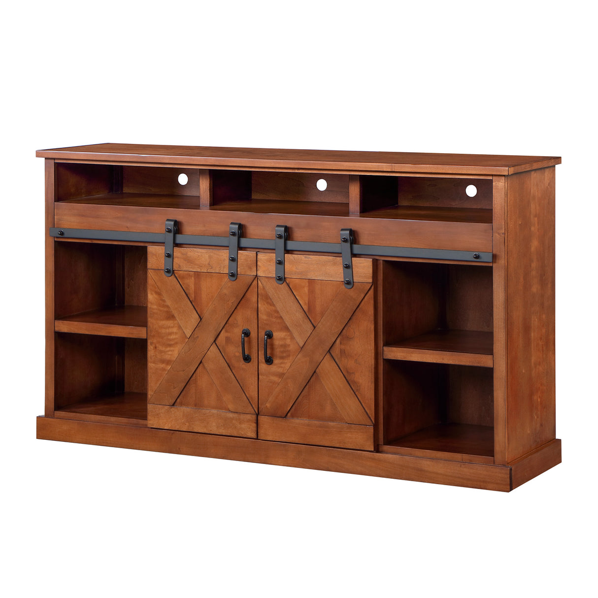 Open view of Farmhouse Aged Whiskey 66 Inch Fireplace Console