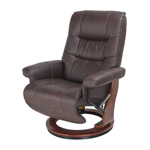 Front left view of Valencia Dark Brown Swivel Recliner with Flip Up Footrest