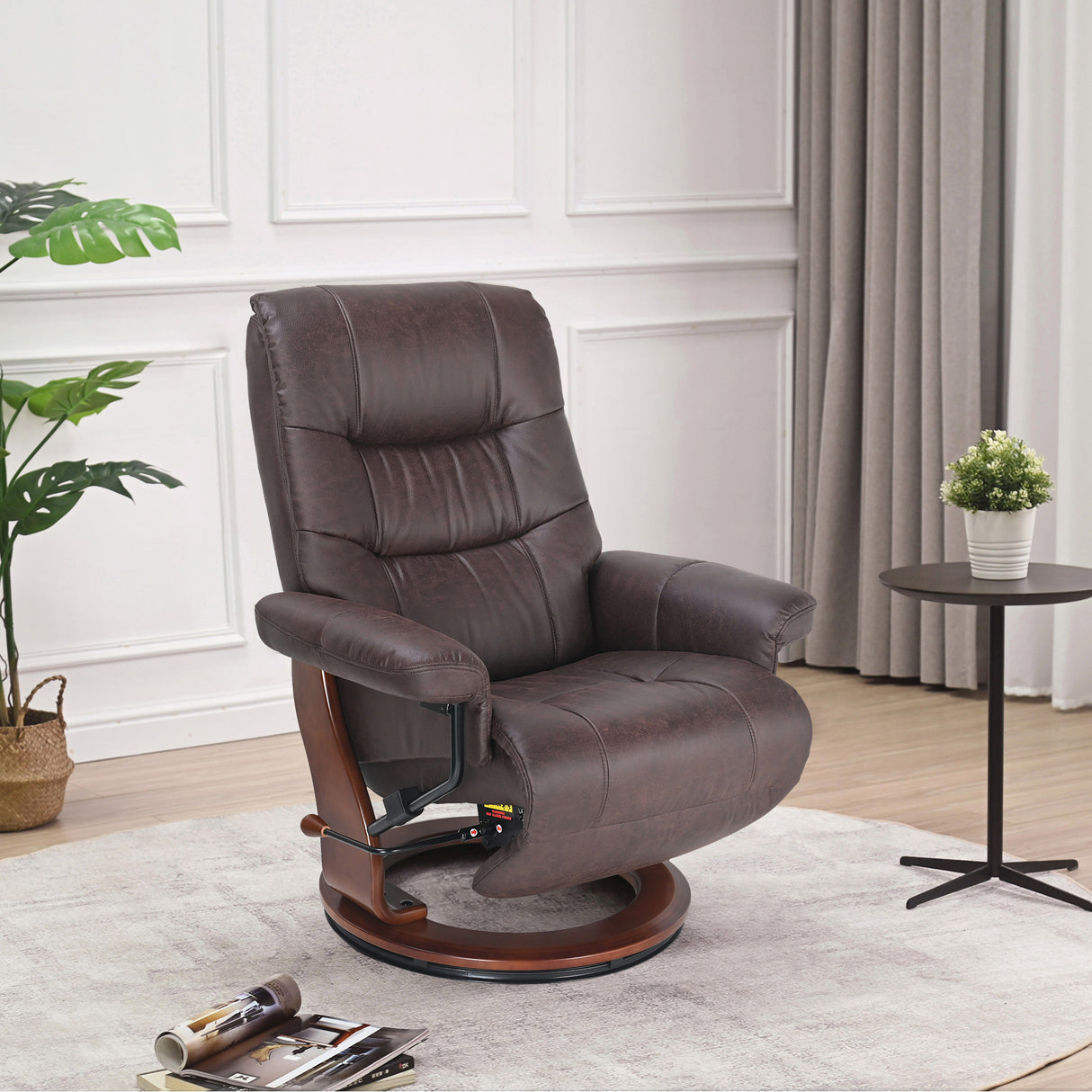 A room setting featuring Valencia Dark Brown Swivel Recliner with Flip Up Footrest