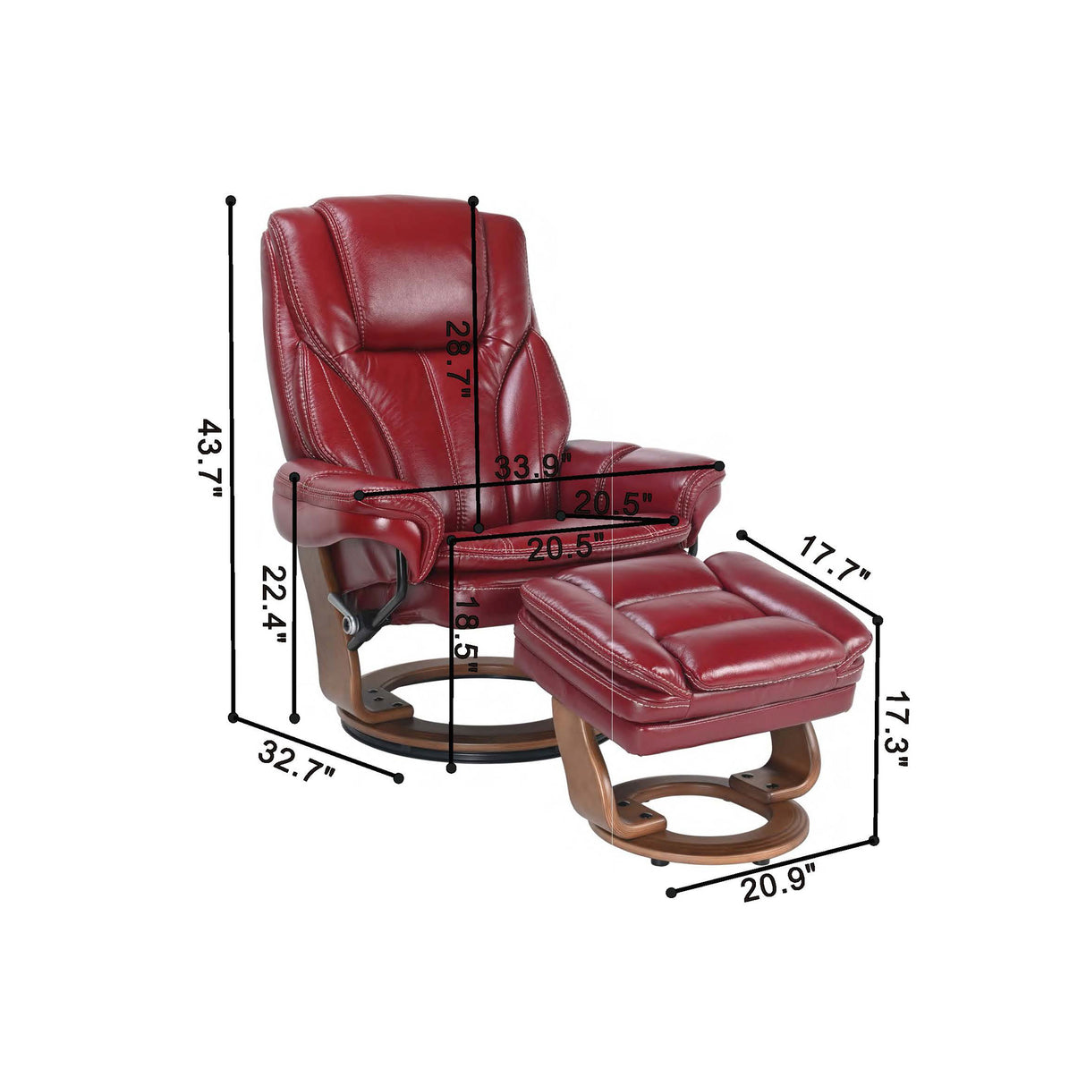 Detail image of Hana Red Ruby Recliner with Ottoman with overlay of product dimensions
