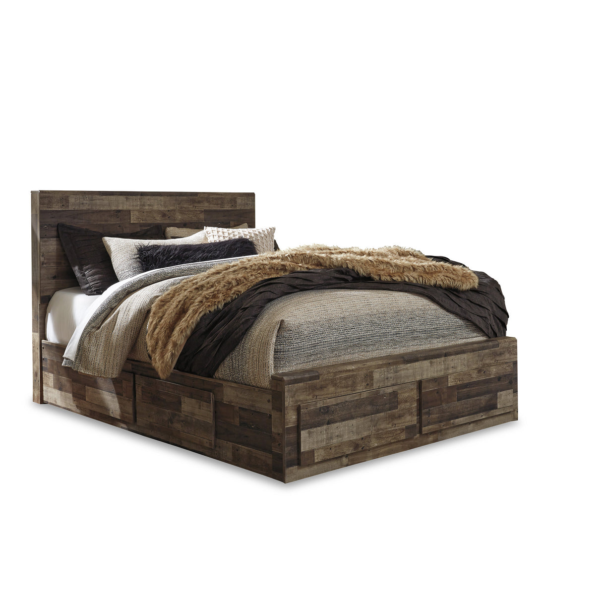 Front right view of Derekson Gray Queen 4 Drawer Storage Bed
