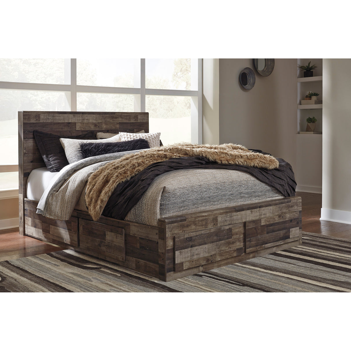 A room setting featuring Derekson Gray Queen 4 Drawer Storage Bed