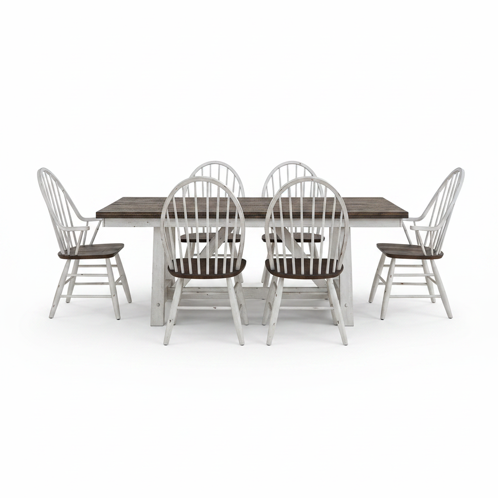 A 7-piece dining set featuring a rectangular table with a dark brown wood top and a distressed white base, surrounded by six matching spindle-back chairs with white frames and dark brown seats, shown on a solid white background.