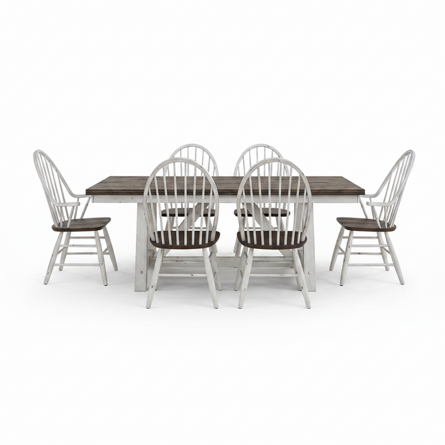 A 7-piece dining set featuring a rectangular table with a dark brown wood top and a distressed white base, surrounded by six matching spindle-back chairs with white frames and dark brown seats, shown on a solid white background.