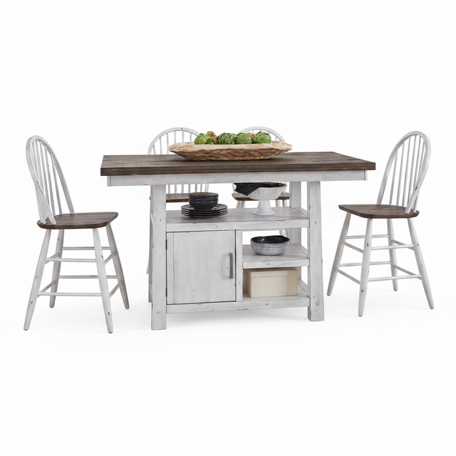 A rustic farmhouse-style 5-piece dining set featuring a rectangular island table with a dark wood top and distressed white frame, accompanied by three matching spindle-back chairs with dark wood seats.