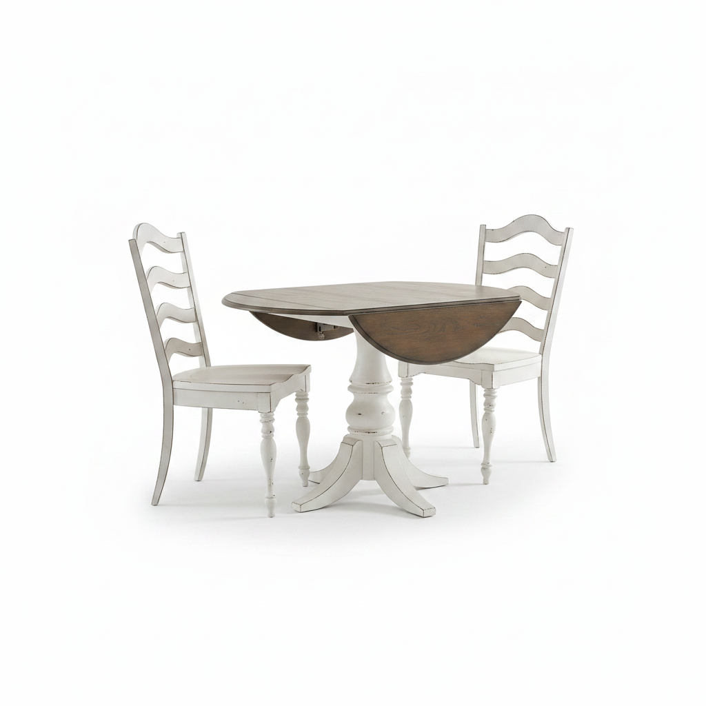 A round drop-leaf dining table with a whitewashed pedestal base and two matching white ladder-back chairs, shown on a clean white background.