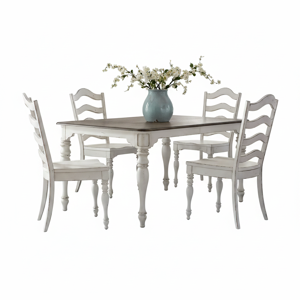 A 5-piece dining set featuring a rectangular table with a dark brown wood top and distressed white turned legs, surrounded by four matching ladder-back chairs in distressed white. A light blue ceramic vase filled with white blossoms sits on the table.