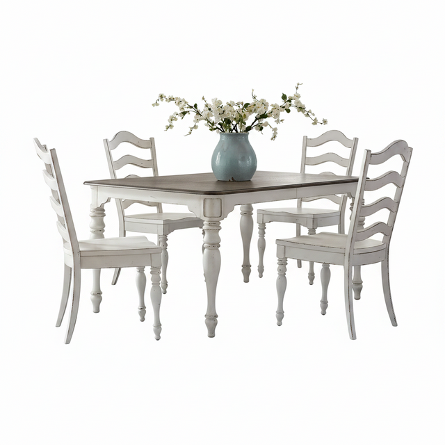 A 5-piece dining set featuring a rectangular table with a dark brown wood top and distressed white turned legs, surrounded by four matching ladder-back chairs in distressed white. A light blue ceramic vase filled with white blossoms sits on the table.