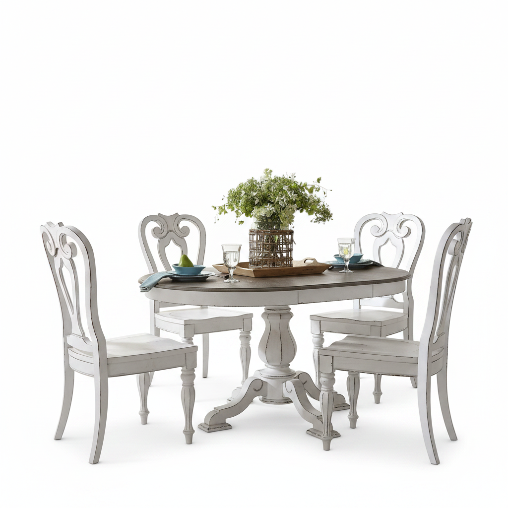 A white distressed round dining table with four matching high-back chairs, styled with a green floral centerpiece and place settings on a clean white background.