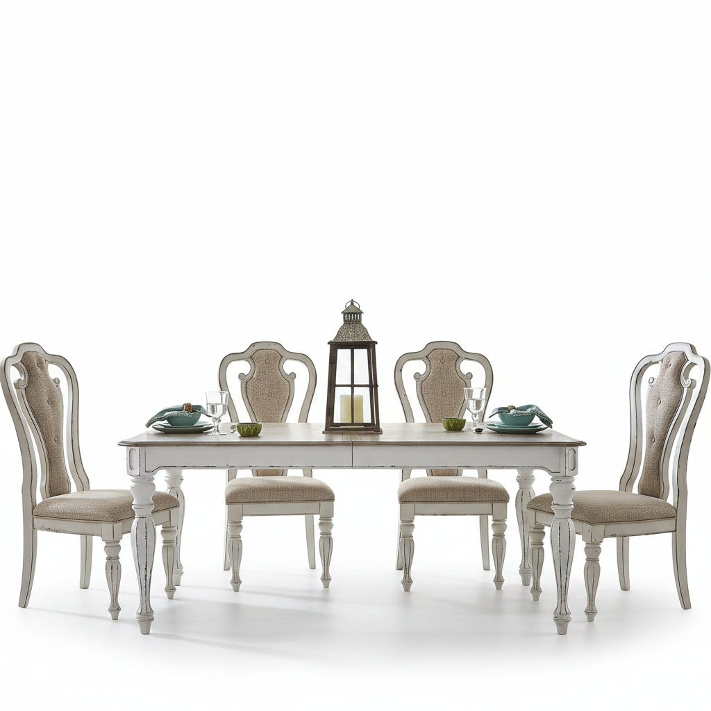 A six-piece dining set featuring a rectangular white table with distressed gray detailing and four matching high-back upholstered chairs with beige fabric, set against a plain white background.